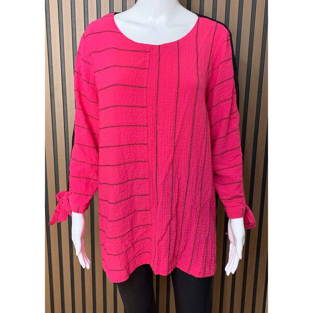 Ali Miles Women's Pink Black Striped Crinkle Tunic Top Tie Cuff L Lagenlook